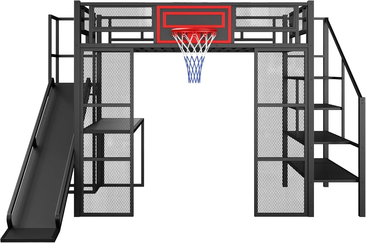 سرير علوي معدني كامل الحجم مع زحليقة ودرج، إطار سرير علوي بتصميم صناعي مع حلقة كرة سلة مدمجة ومكتب