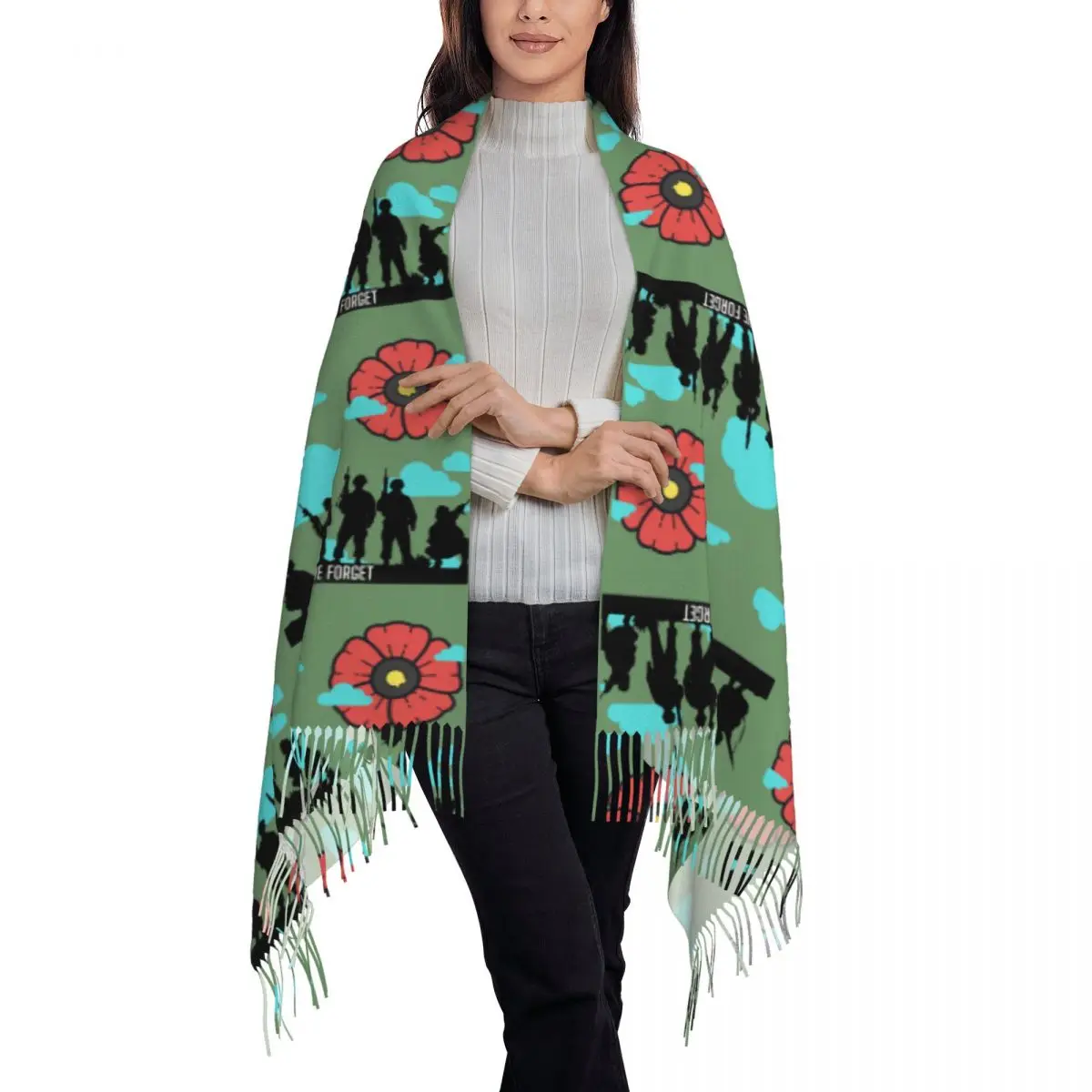 Remembrance Day Poppy Flower Design Lest We Forget Veterans Scarf Tassel Scarves Women Shawls and Wraps Fall Winter Shawl Wrap