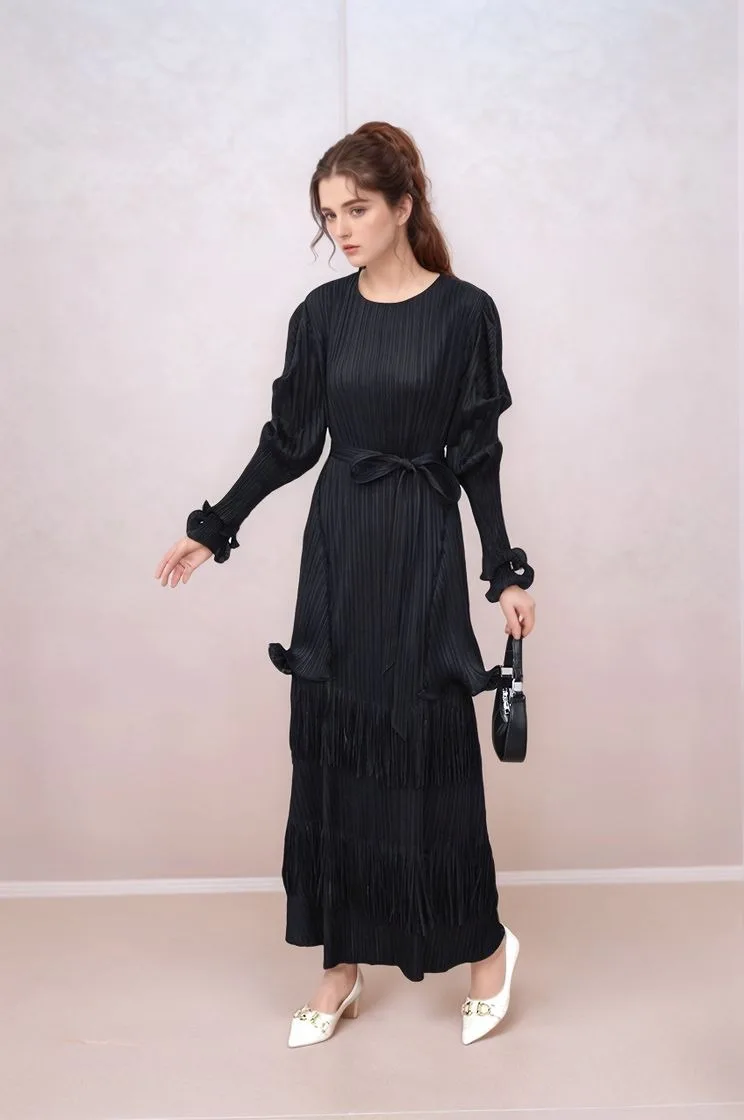 Women's Pleated Maxi Dress with Tiered Ruffle Hem Long Sleeve Boho Evening Gown Pleated Dress Birthday Dress for Women