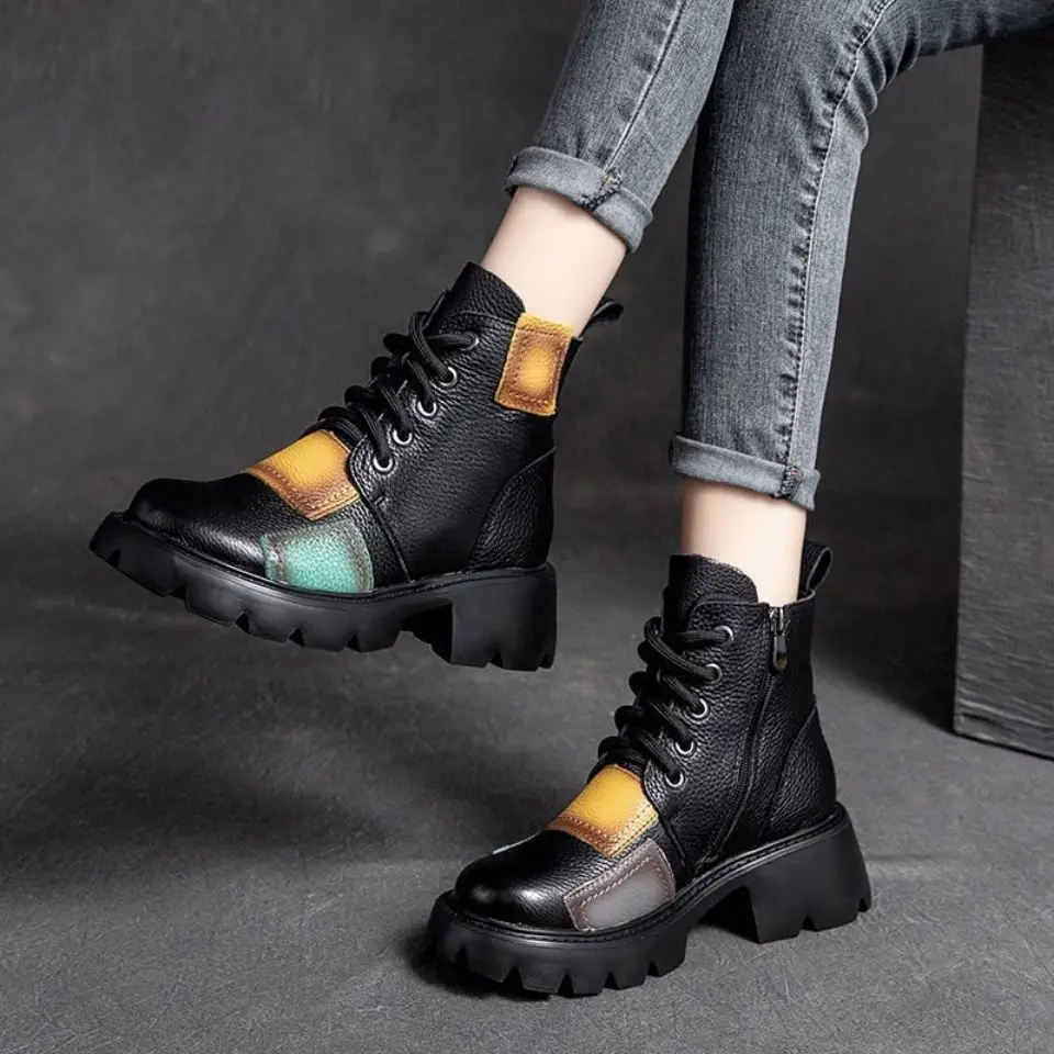 

Woman Short Shoes Moccasin British Style Splicing Colour Ankle Boots for Women Y2k Chic and Elegant Pu Booties Goth Hot Footwear