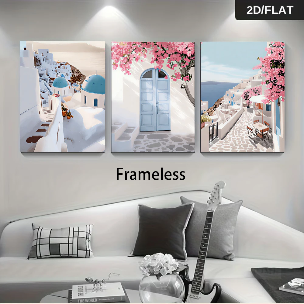 1 set of modern minimalist three-panel frameless murals depicting the landscape of Santorini, Greece (2D flat design)