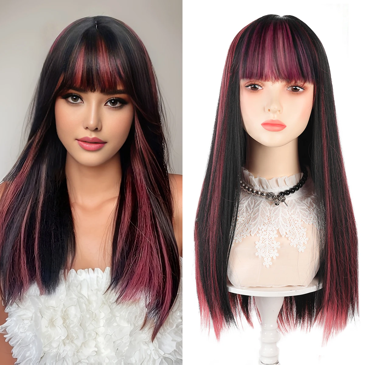 

24inch Synthetic Wig Synthetic Long Straight Hair Wig, Hot Pink Highlight Black Straight Wig With Bangs Natural Breathable Heat