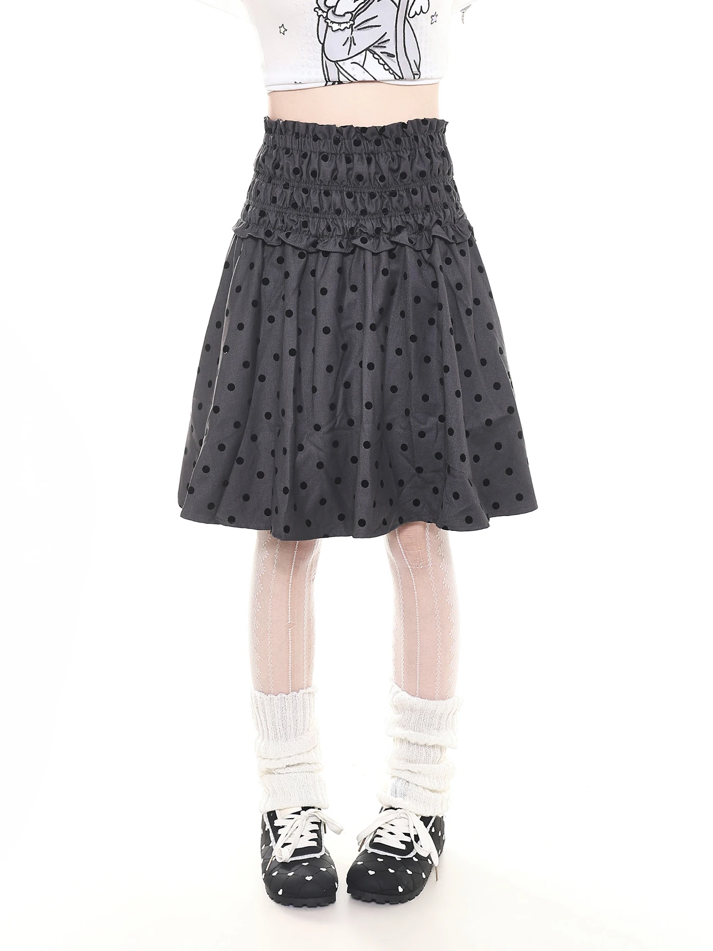Grey Polka Dot A-Line Midi Skirt Orange Marmalade Versatile Daily High Waist Pleated Student Commuter Casual Travel Skirt