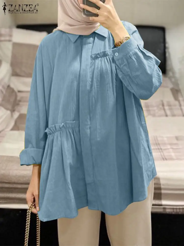 

Women Autumn Muslim Blouse ZANZEA Vintage Lapel Neck Long Sleeve Shirt Fashion Ruffles Tops Tunic Turkey Blusas Kaftan Abaya