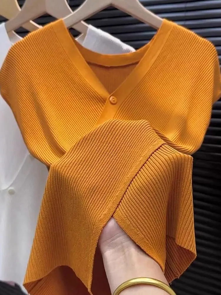 تي شيرت Ele ort Sve بقصة ضيقة باللون البرتقالي، بحاشية غير متماثلة، قميص كوري فضفاض مناسب للصيف غير رسمي #1