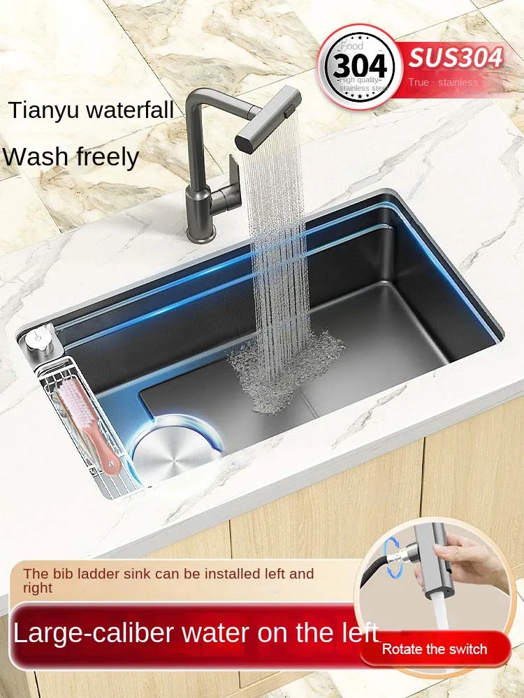 

Waterfall Sink Sus304 Stainless Steel Kitchen Japanese-style Under-counter Basin Left Large Single-slot Washbasin