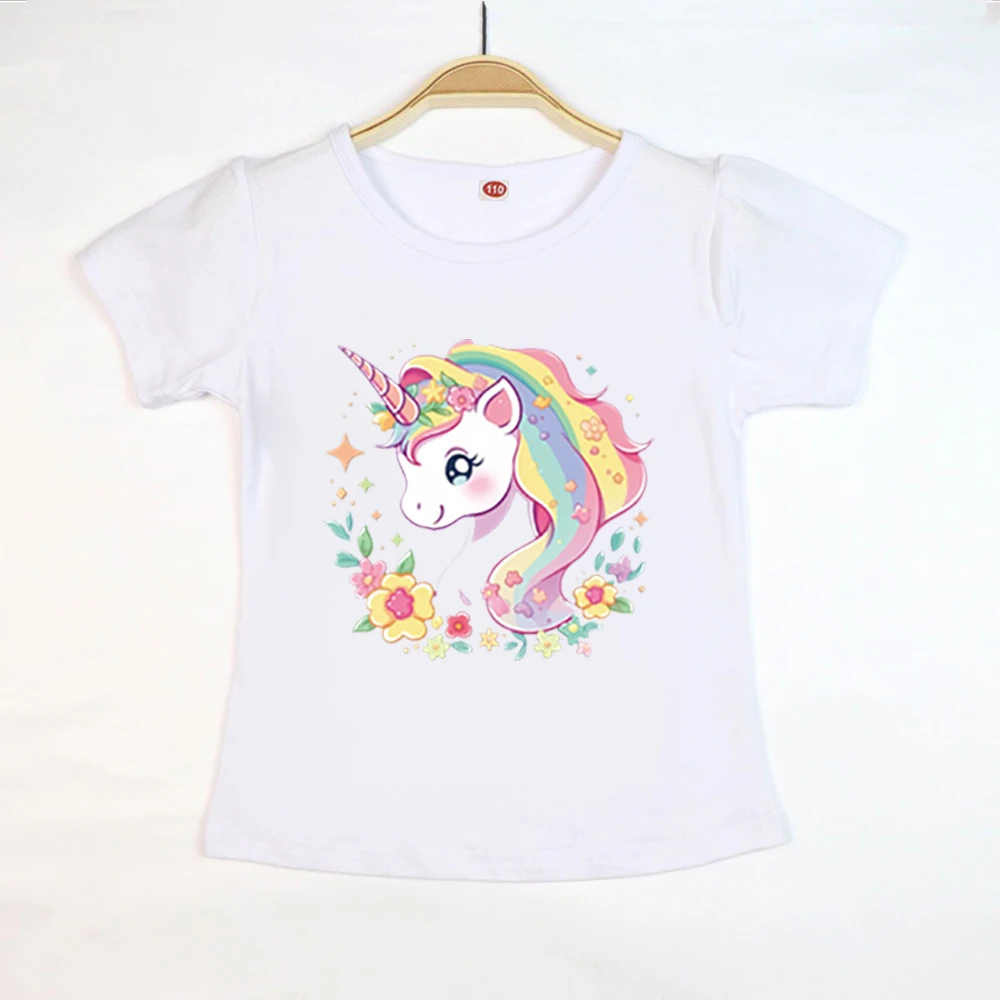 Einhorn-Sommer-T-Shirt aus Baumwolle für Kinder, kurzärmelig, lässig, modisch, kurzärmelig, trendige, weiche Mädchenkleidung, 2–10 Jahre – Detail 4