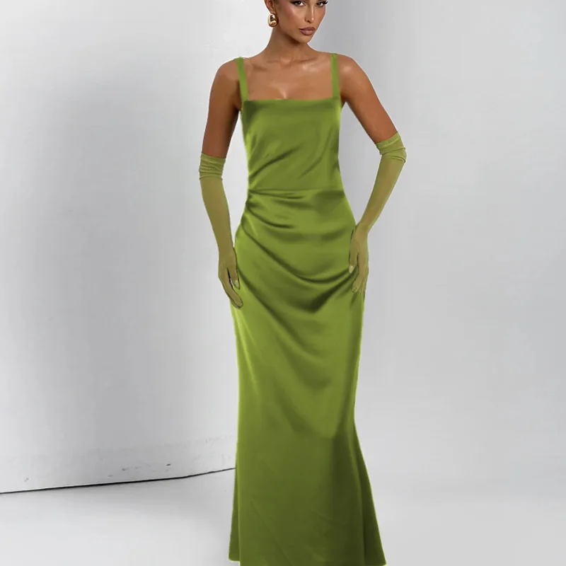 

European and American Socialite Style Elegant Sexy Long Dress Elegant Backless Satin Bodycon Strap Dress