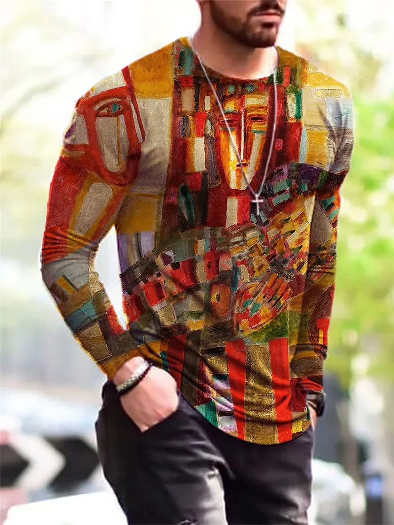 

Fashion 3D Multicolor Patent Leather Printed T-shirt Trend New Street Breathable Harajuku Casual Mens Long Sleeve Round Neck Tee