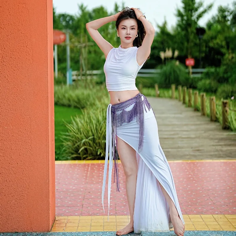 تنورة ذيل السمكة ذات الياقة البيضاء المخصصة مع أزياء الرقص الشرقي المكشوفة بمزاج الظهر بدلة الأداء الملابس الهندية للنساء #5