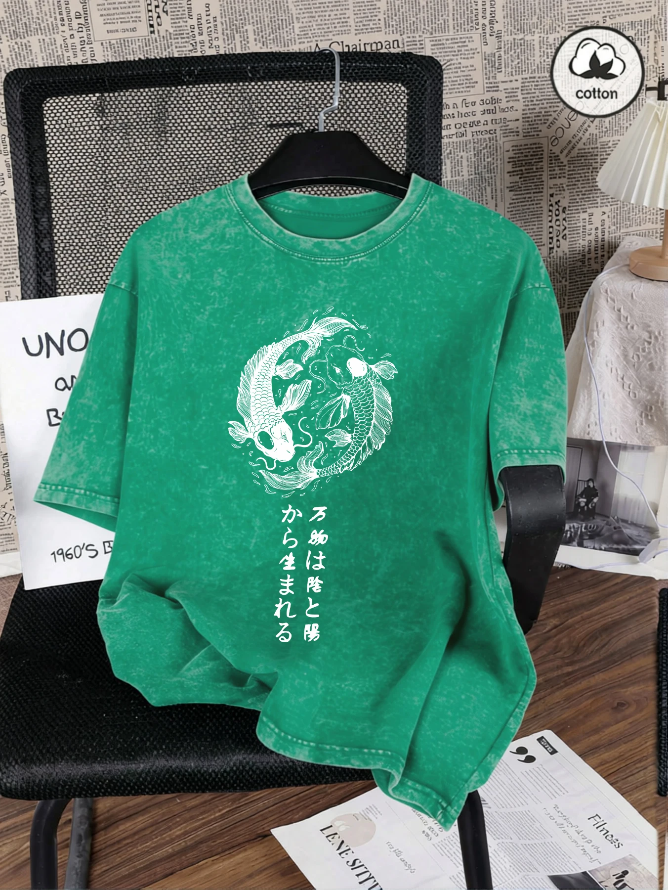 Japanisches Harajuku-Koi-Kunst-Buchstaben-Snow-Wash-T-Shirt für Herren, atmungsaktiv, O-Ausschnitt, weiche Baumwolle, Kleidung, Mode, Unisex, kurze Ärmel