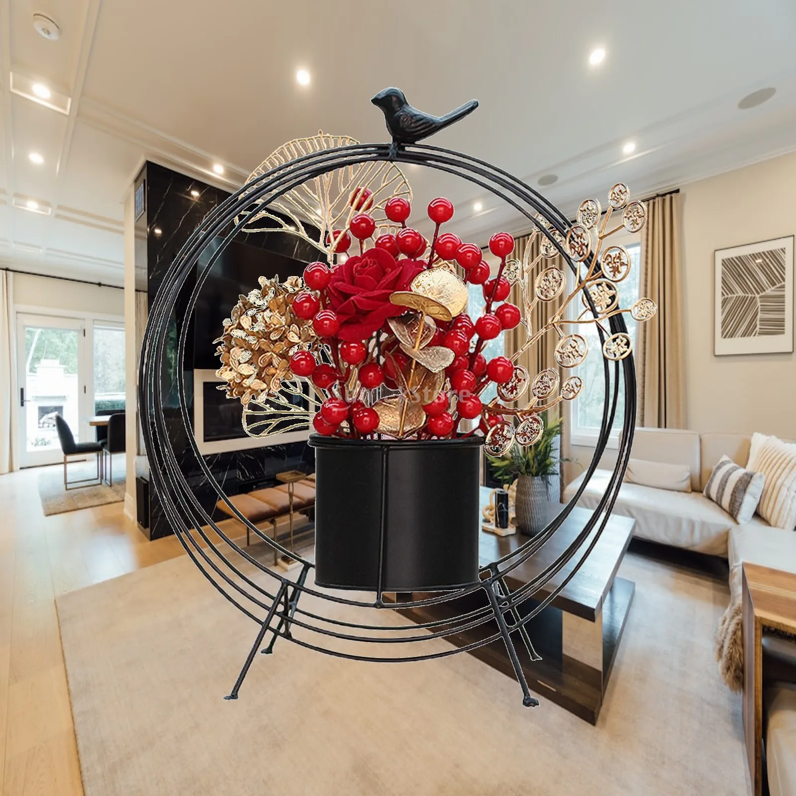 Chinese New Year Flower Basket Red Berries Decoration Iron Art Centerpiece for Holiday Party Indoor Autumn Thanksgiving