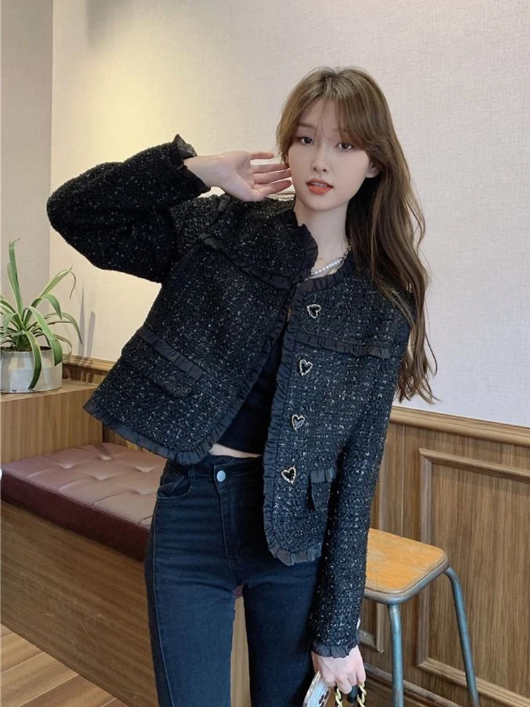 Zoki Vintage Ruffles Tweed Jacket Women Casual Long Sleeve Patchwork Sweet Coat Korean O Neck Retro Lady All Match Black Outwear