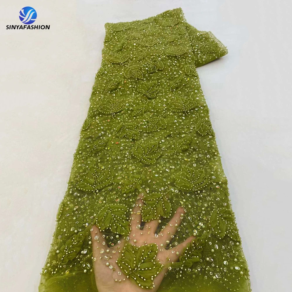 

Sinya Green African Pearls Sequins French Tulle Nigerian 3D Lace Fabrics 2024 High Quality Luxury Bridal Wedding Beaded Lace