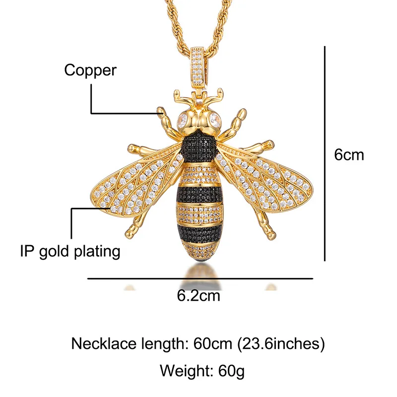 Hip Hop Claw Setting 5A+ CZ Stone Bing Iced Out Bee Pendants Necklace for Men Rapper Jewelry Gift Gold Silver Color