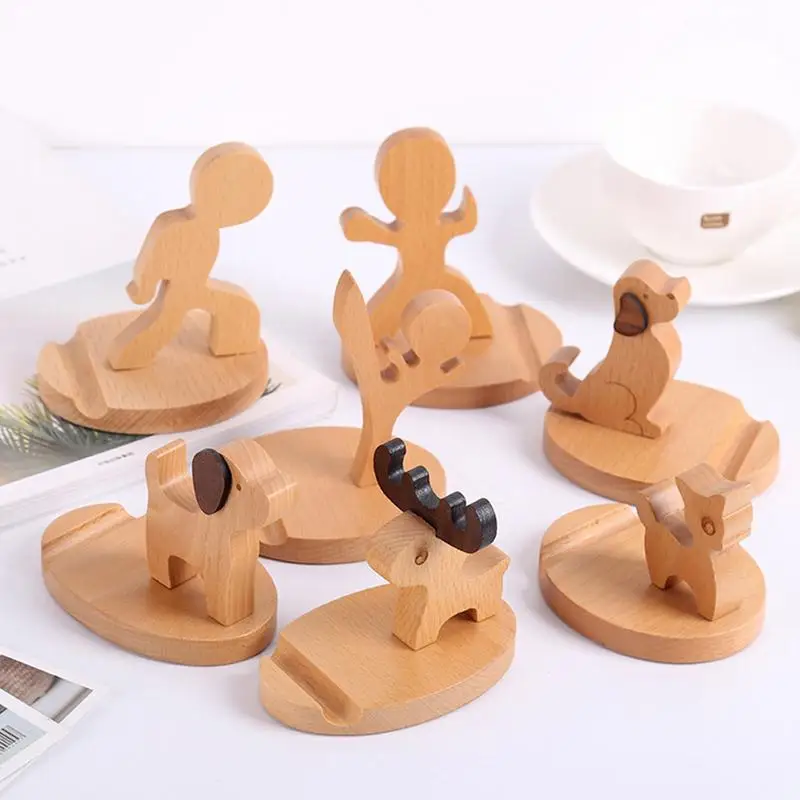 Mobile Phone Desktop Stand Animal Shape Cell Phone Bracket Support Cradle Wooden Electronic Device Holder For Home School Travel