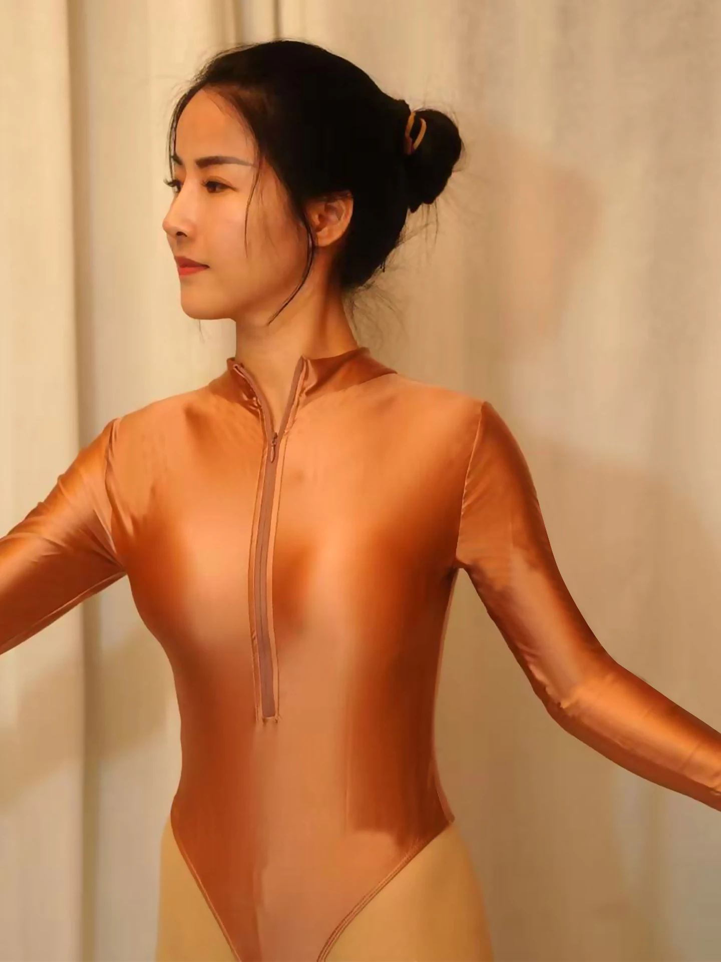 

Women's high-neck long-sleeved one-piece garment, adult elastic tight-fitting dress top with zipper closure and soft gymnastics