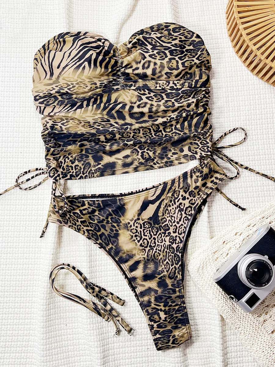 Leopard Tankini Bandeau High Cut Bikini Female Swimsuit Women Swimwear Two-pieces Bikini Set Bather Bathing Suit Swim Beachwear