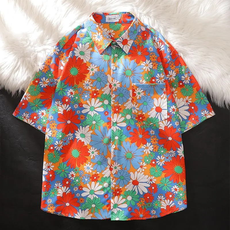 Dopamine colorful floral full-print short-sleeved shirts for men and women, summer loose casual couple Hawaiian vacation shirts