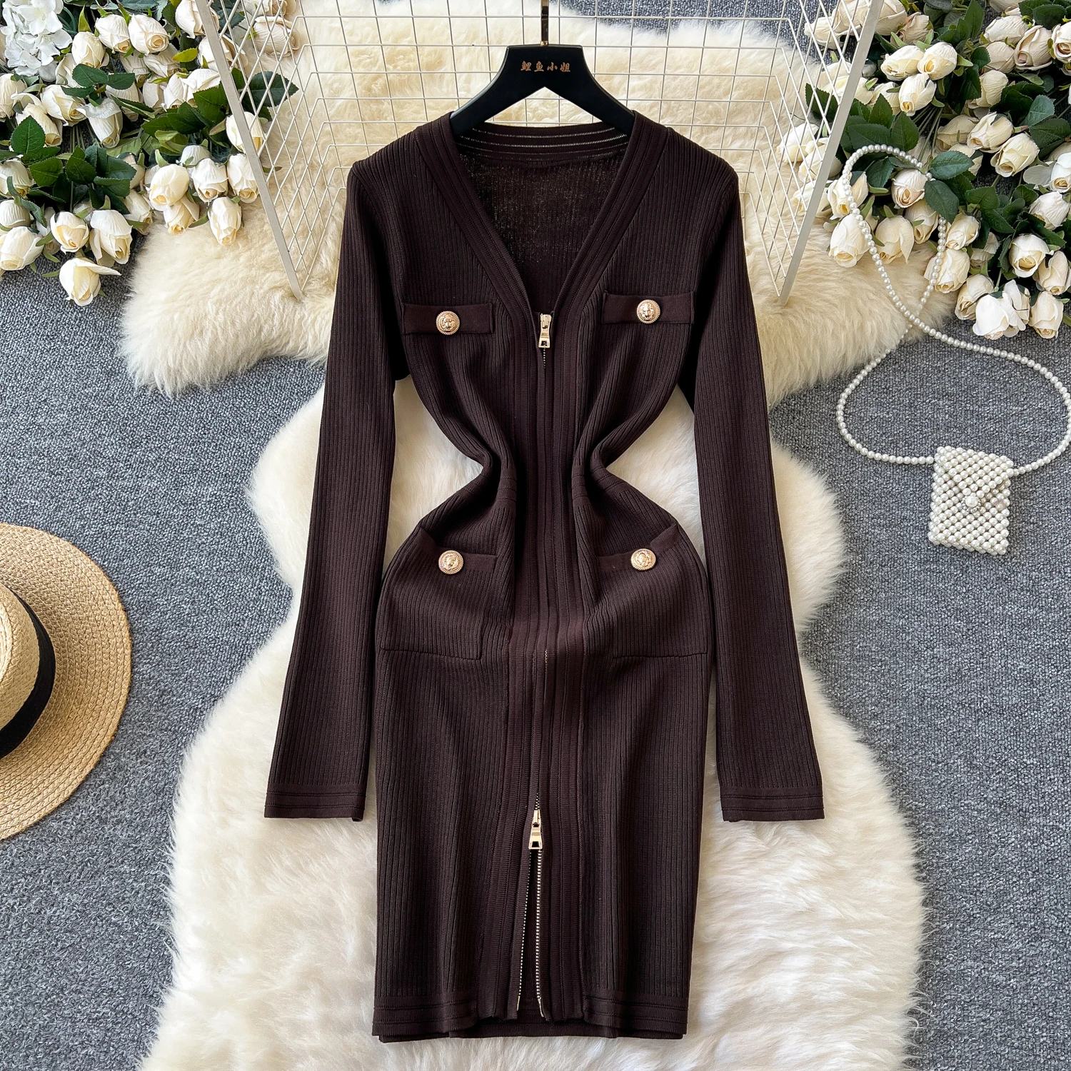 Vintage Long Sleeve Elegant V-neck Chic Zipper Metal Buckle Slim Knitted Dress Korean Evening High Street Autumn Winter Clothing