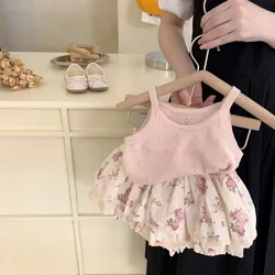 Girls' Summer Set New Girls' Fashion Suspenders Children's Western Rose Bud-Waisted Shorts Two-Piece Set