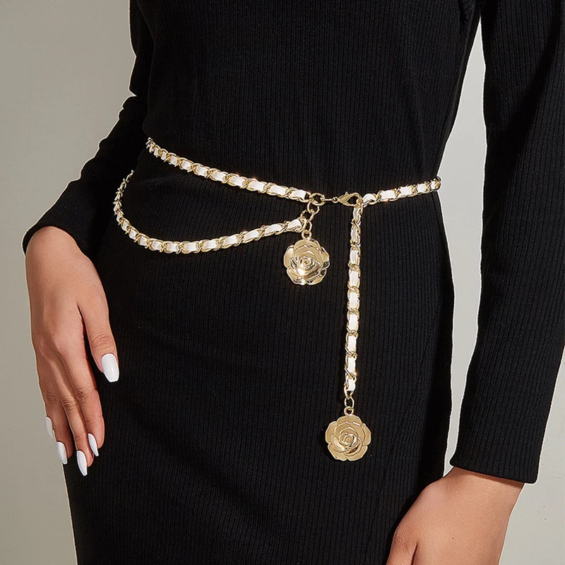 High Quality Metal Waist Chain Belts For Women Round Flower Pendant Chain Strap Rope Female Fine Waistband Dress Shirt Decoratio