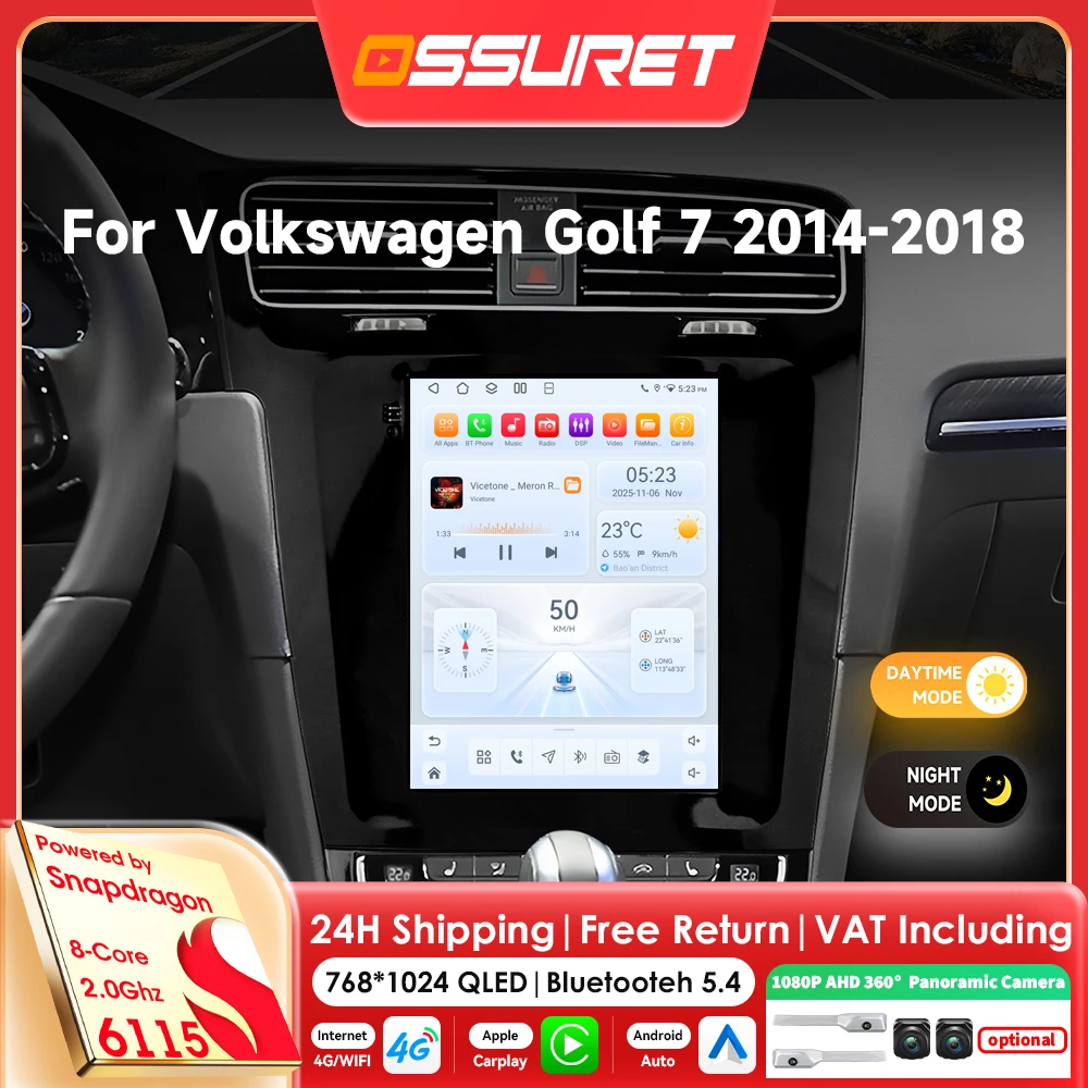 9,7-Zoll-2DIN-Carplay-Android-14-Autoradio für Volkswagen Golf 7 2014 - 2018 Multimedia-Player mit Snapdragon 8Core GPS 360-Kamera-Bildschirm