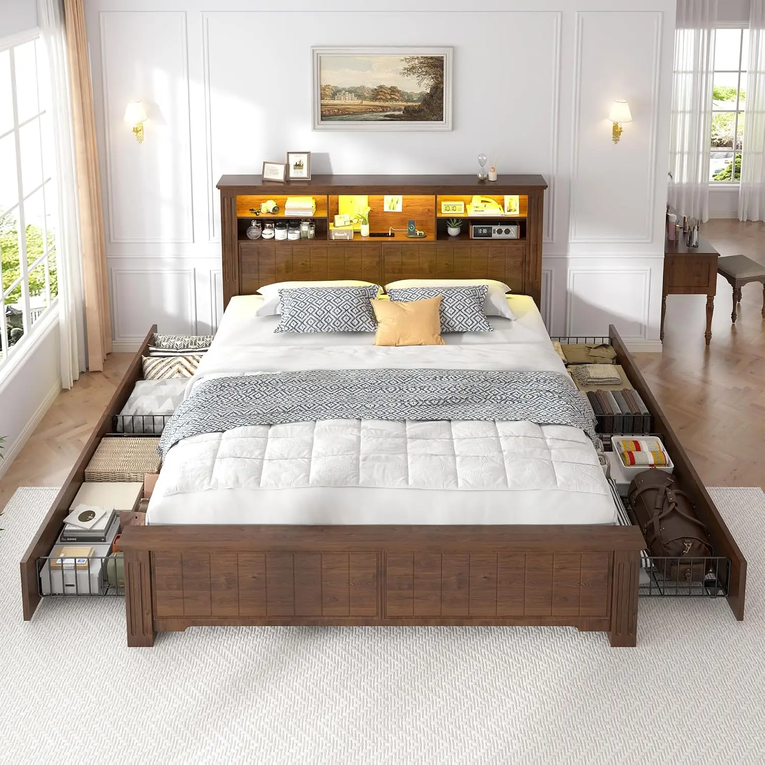 Queen Bed Frame  LED Queen Bed Frame with Headboard  Queen Size Built in Charging Station,,VintageBrown