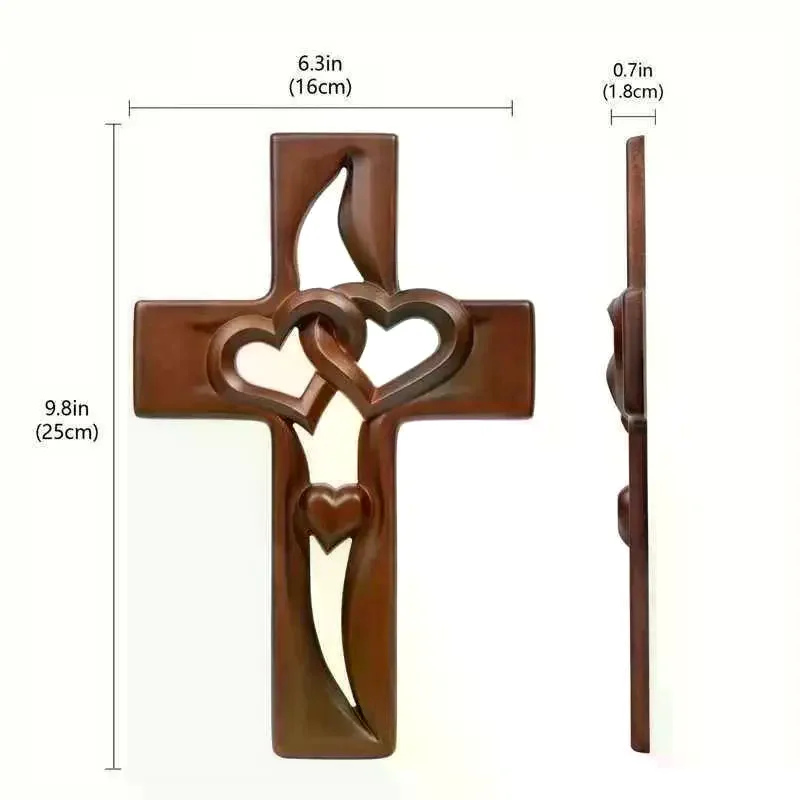 Hand-Carved Intertwined Hearts Cross Wall Decoration Rustic Wooden Double Hearts Cross Wall Sculpture Religious Decor