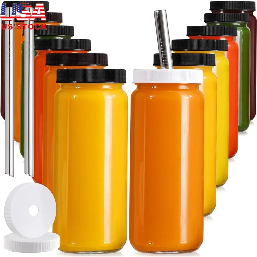 

12 Pack 16 Oz Glass Juice Bottles with Airtight Lids Reusable Juicing Containers Bonus Straws Brush Labels Perfect Smoothies Tea
