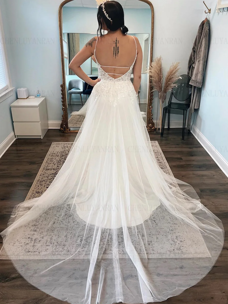 Robes de mariée appliques bohème col en v Spaghetti sangle longues robes de mariée dos nu robe Sexy pour les femmes 2025 robes de Novia