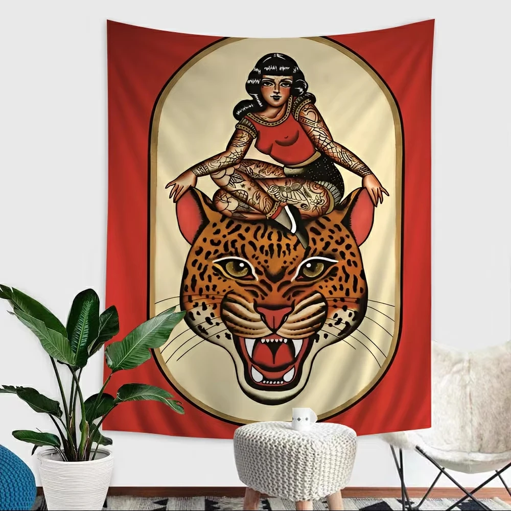 VIKAMA Wild Tiger Wandteppich, Vintage-Tattoo, Frau, leben mit Tieren, lichtbeständig, Wohnzimmer, Schlafzimmer, dekorativer Wandteppich