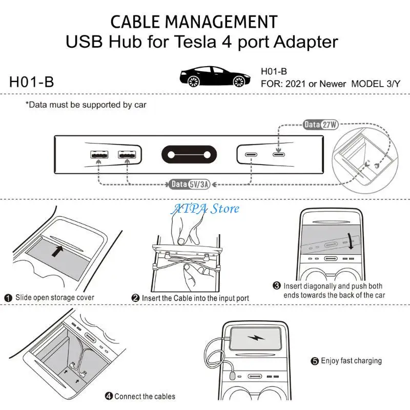 

U13C For Car 3/Y Center Console Docking Station Hub Expansion Shunt Fast Charging