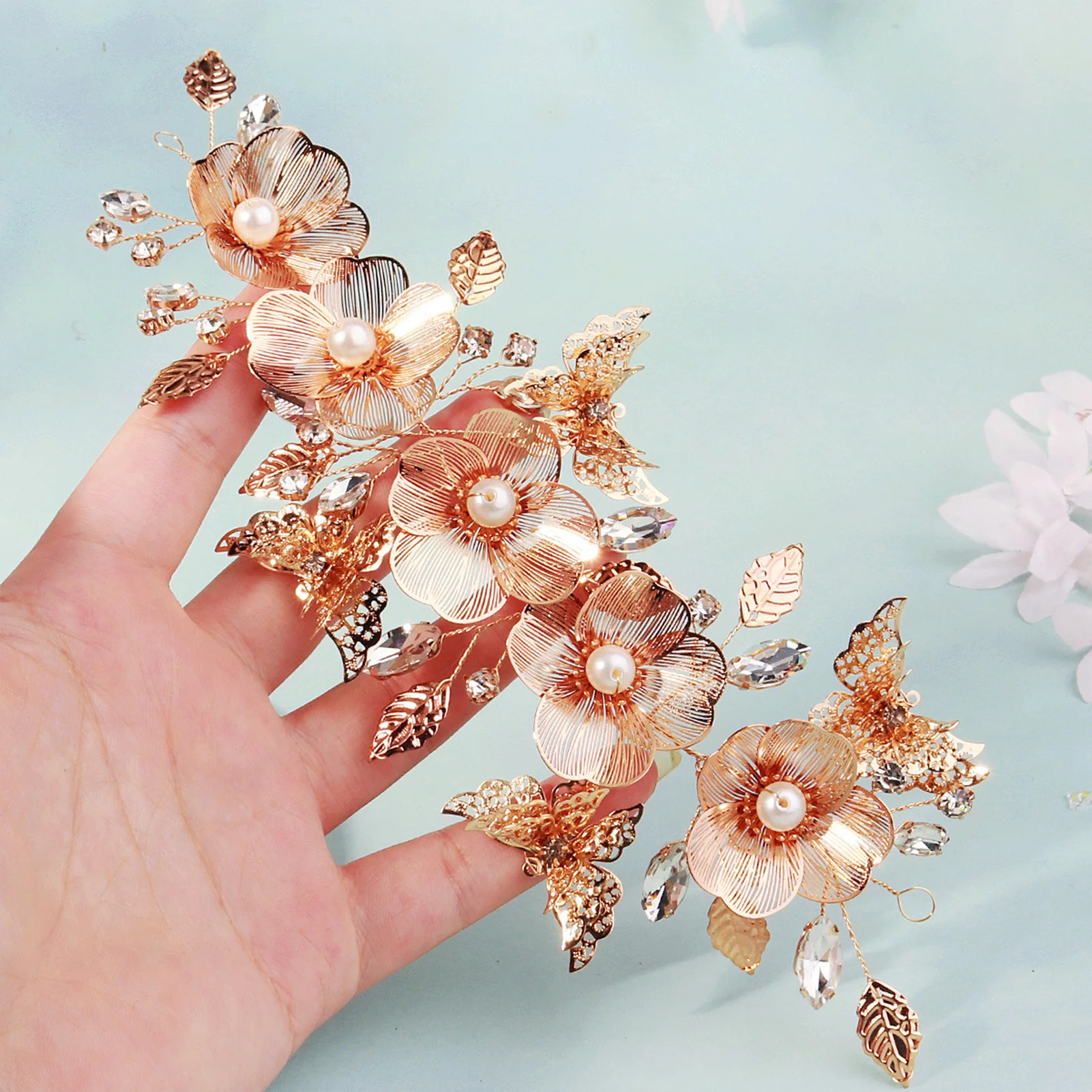 عصابة رأس طويلة على شكل فراشة ذهبية فاخرة، غطاء رأس أنيق، عصابة رأس لحفلات الزفاف، عصابة رأس لؤلؤية لحفلات الزفاف، مشبك شعر للنساء