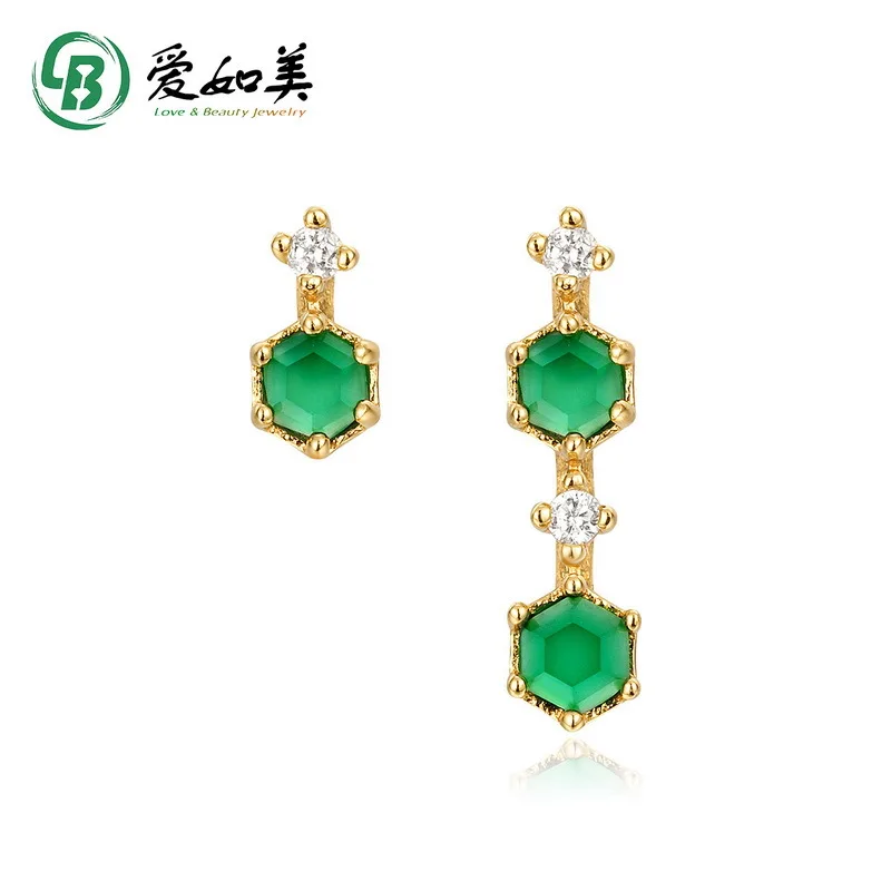 

18K Gold PT950 Platinum Silver Plated 7-layer Gold Geometric Long Strip Gold-plated Hexagonal Cut Natural Green Agate Earrings