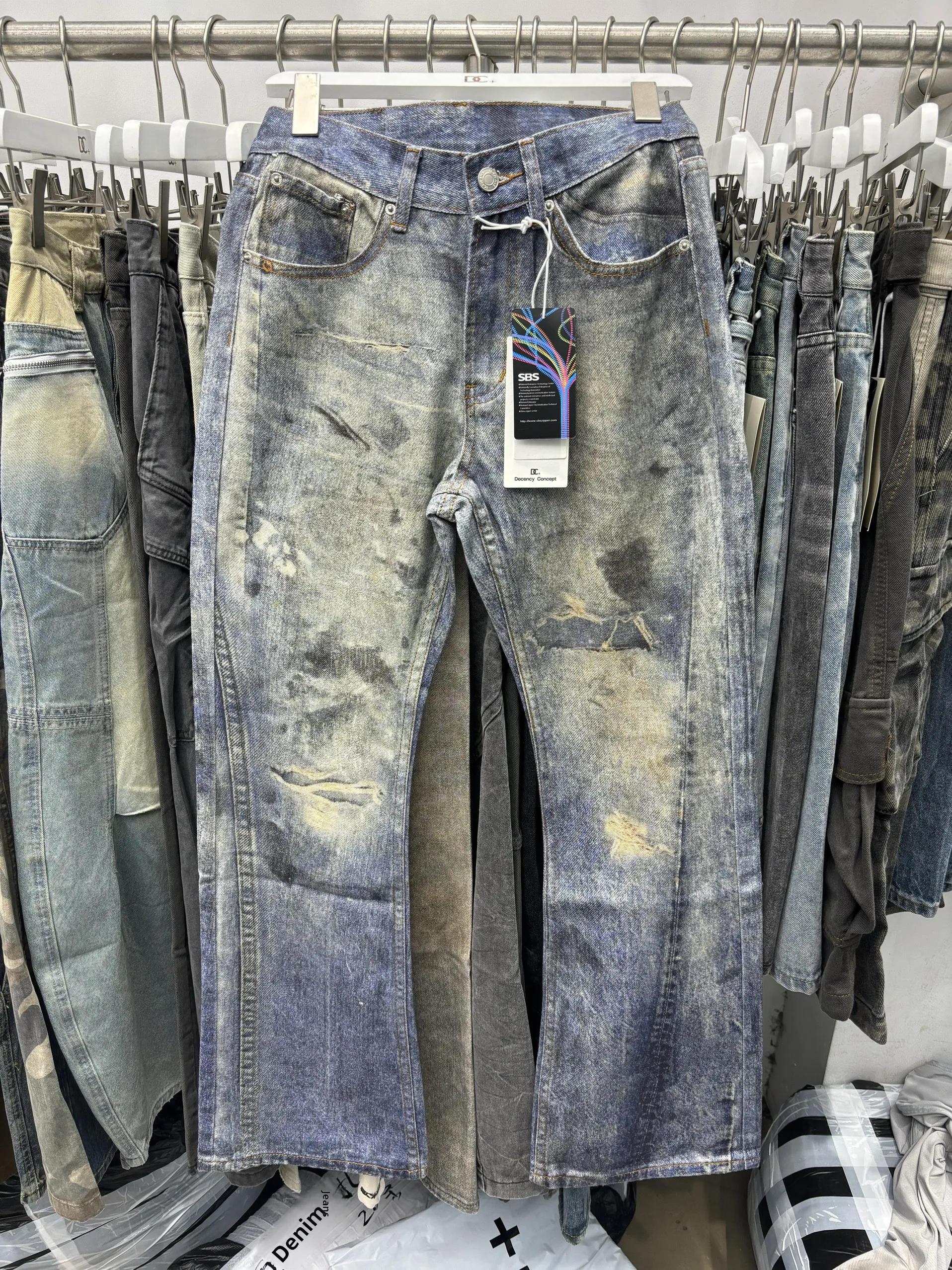 الطباعة الرقمية ثلاثية الأبعاد الرجال الجينز الأزرق وصمة عار الرجعية Waed مايكرو متوهج كلينفيت التخسيس السراويل الطويلة عادية الشباب القطن الدنيم