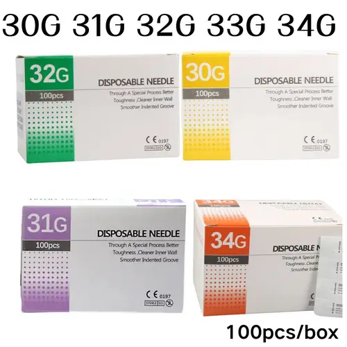 100 Uds 30G 31G 32G 33G 34G 4/6/13mm aguja indolora belleza aguja para perforación ultrafina aguja de relleno hipodermico