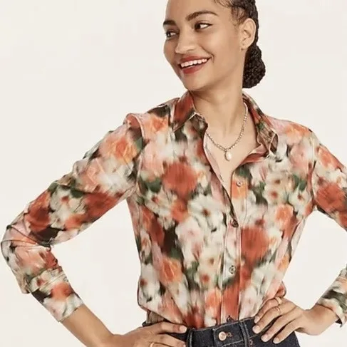 Katoenen vintage damesshirt met lange mouwen en dunne schaduwprint van hoge kwaliteit