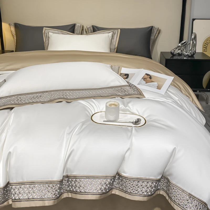 Wide Edge Embroidery Bedding Sets Luxury White Egyptian Cotton Duvet Cover Fitted Bed Sheet Pillowcases Solid Color Home Textile