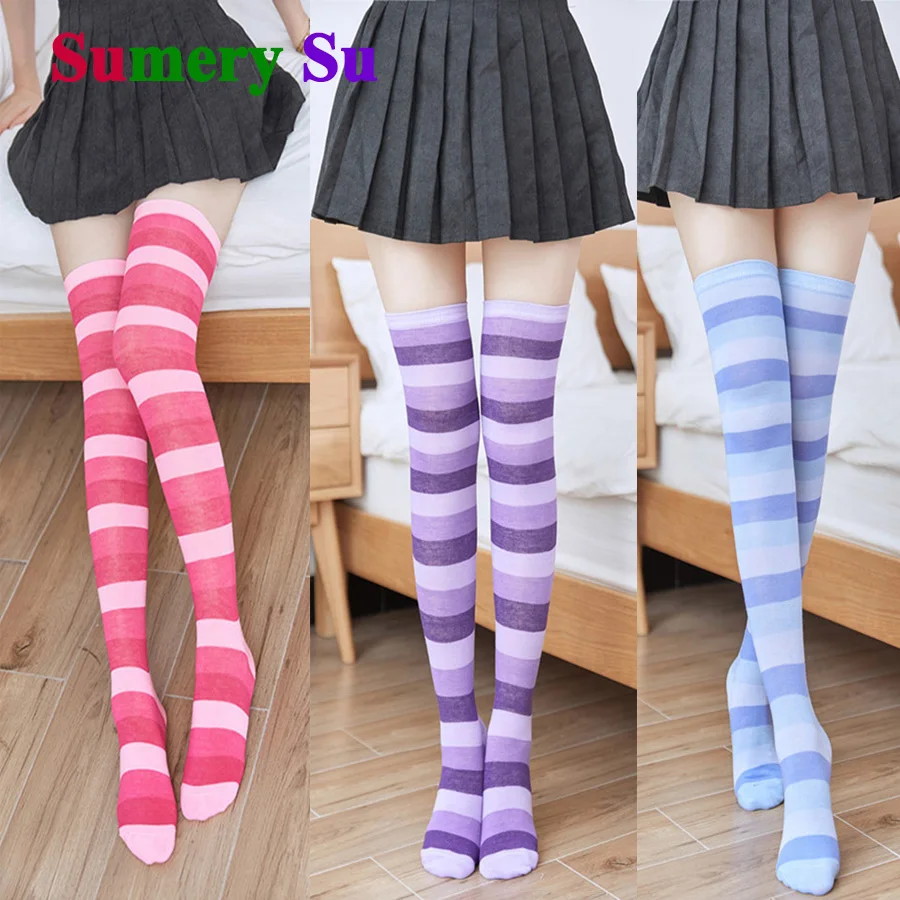 3 Pairs/Lot Women Stockings Socks Colorful Stripes Over Knee Cotton Sexy Slim Cosplay Show Ladies Girls Christmas Halloween Gift