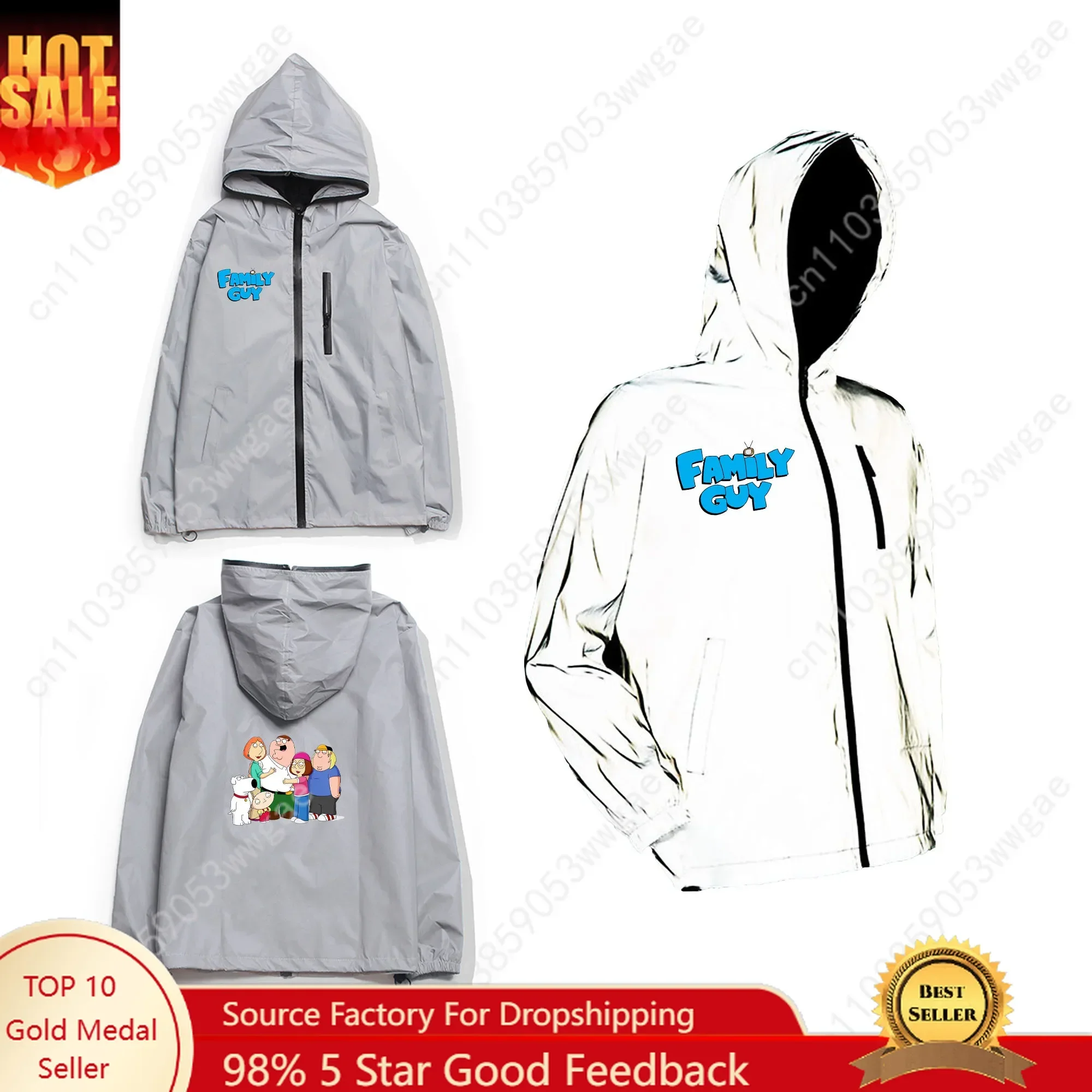 Family Guy Reflective Jacket Man Women Coat Hooded Windbreaker Run Pocket Jacket Cycling Hiking Zipper Cartoon Customized Hoodie