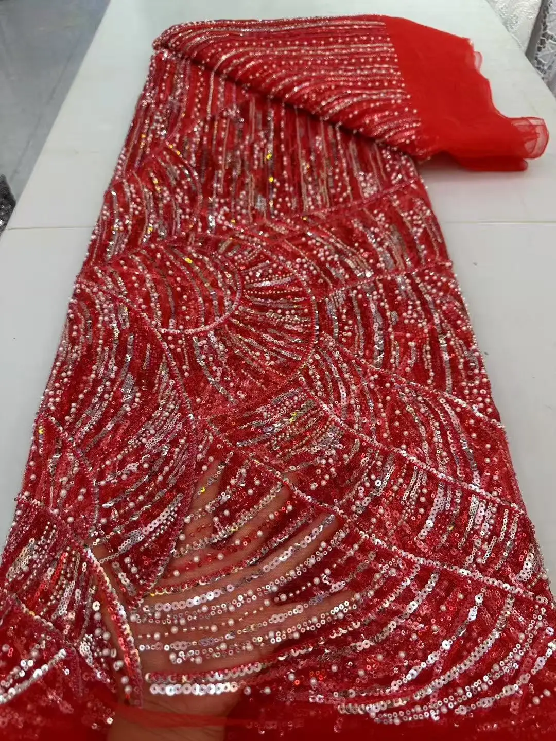 

French Mesh Lace Fabrics Embroidery Sequins Tulle Beaded African Fabric for Women Party Dresses 5Yards Sewing Meters