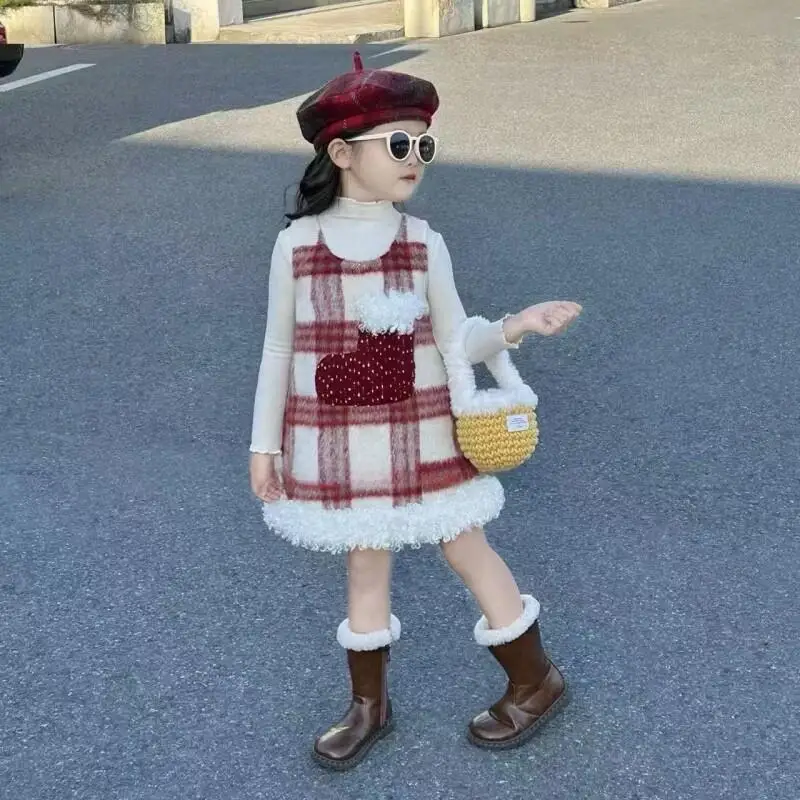 

Girls' Autumn and Winter Cotton Vest Dress 2025 New Children's Christmas Dress, Baby's Stylish Base Shirt Two-Piece Set Gift