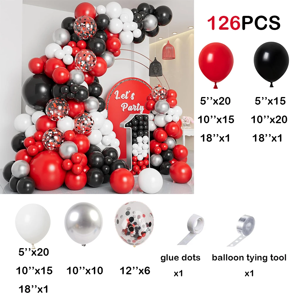 126Pcs Red Black White Balloon Garland Arch Kit Black Red Silver Confetti Balloons Birthday New Year Graduation Party Decoration