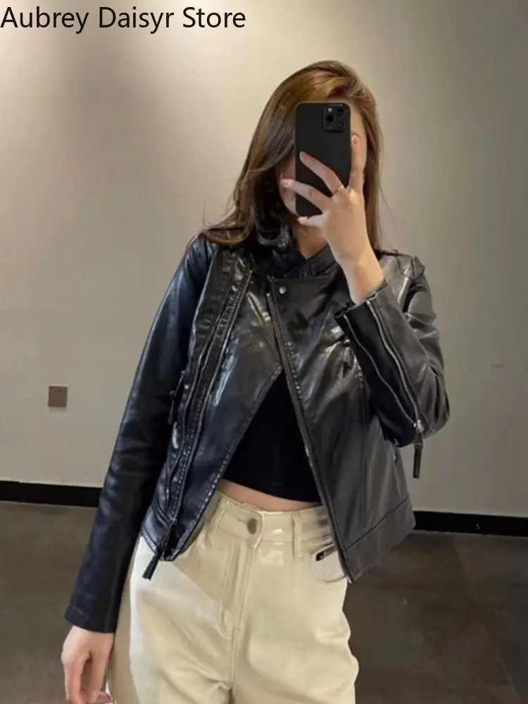 Jaket Kulit Hitam Mode Korea Wanita Musim Dingin Ritsleting Tidak Teratur Jaket Kulit Biker Streetwear Mantel Dipotong Antik Wanita Baru