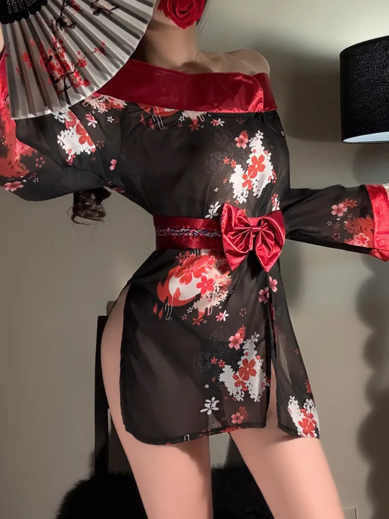 مثير خارج على الكتف ثوب الكيمونو الياباني نمط شفاف مفتوح رداء موحد مجموعة أسود أحمر مع Bowknot حزام الخصر فستان Casaul 8N50 #1