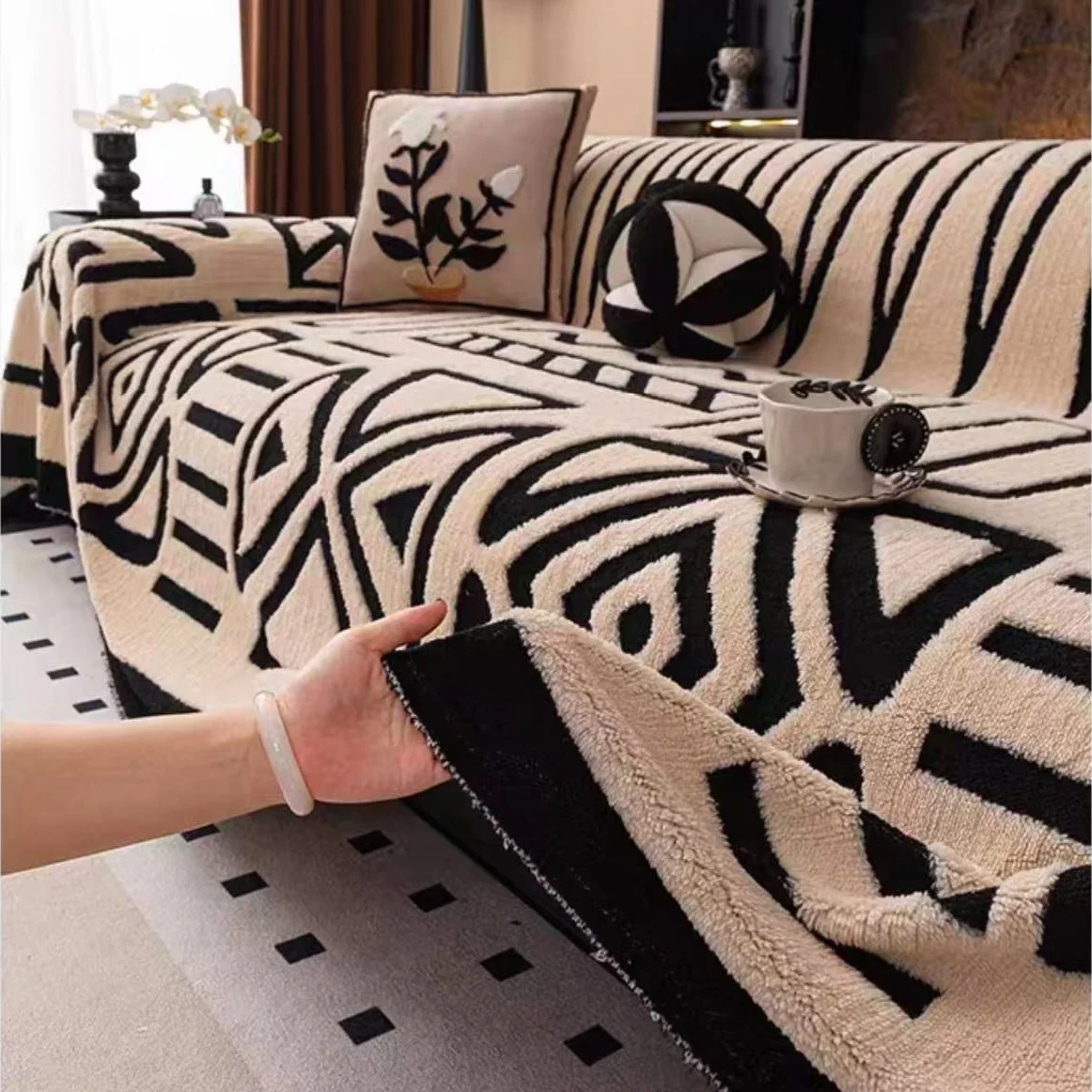 Neuer Sofabezug im böhmischen Stil, bequeme Vintage-Sofadecke aus warmem Fleece, geeignet für Haustiere, rutschfester Schutz, Luxus – Detail 5