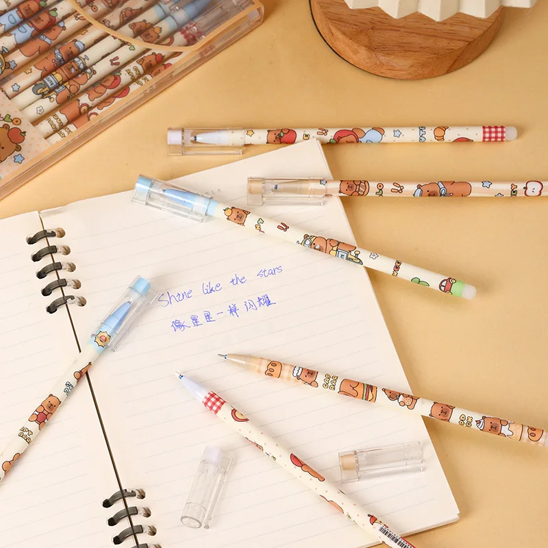 24 Pcs Capybara Straight Rod Neutral Pen Cartoon Cap Pulling Needle Type Pen Gift Student Stationery
