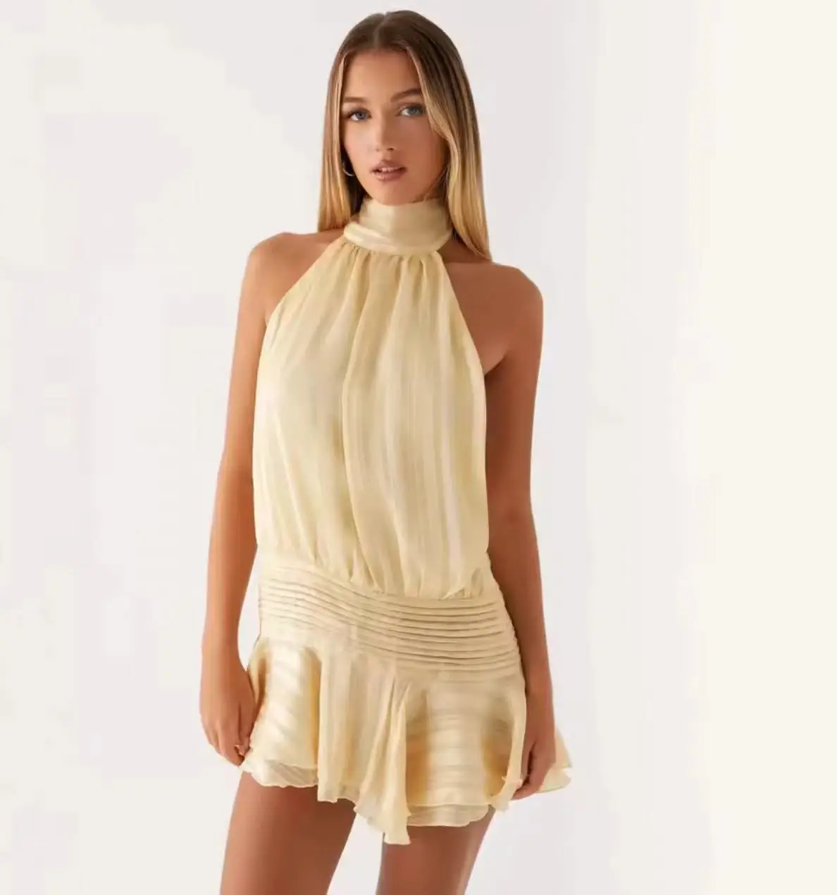 

Sexy Halter Ruffles Mini Dress Women Lace Up Sleeveless Backless Beach Party Dresses 2025 Summer Fashion Vacation Lady Robe
