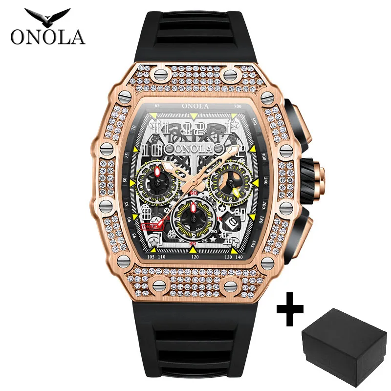 ONOLA Automatic Watch For Mens Sports Silicone Strap Tonneau Clocks Fashion Iced Diamond Mechanical Wristwatch Man Dropshipping